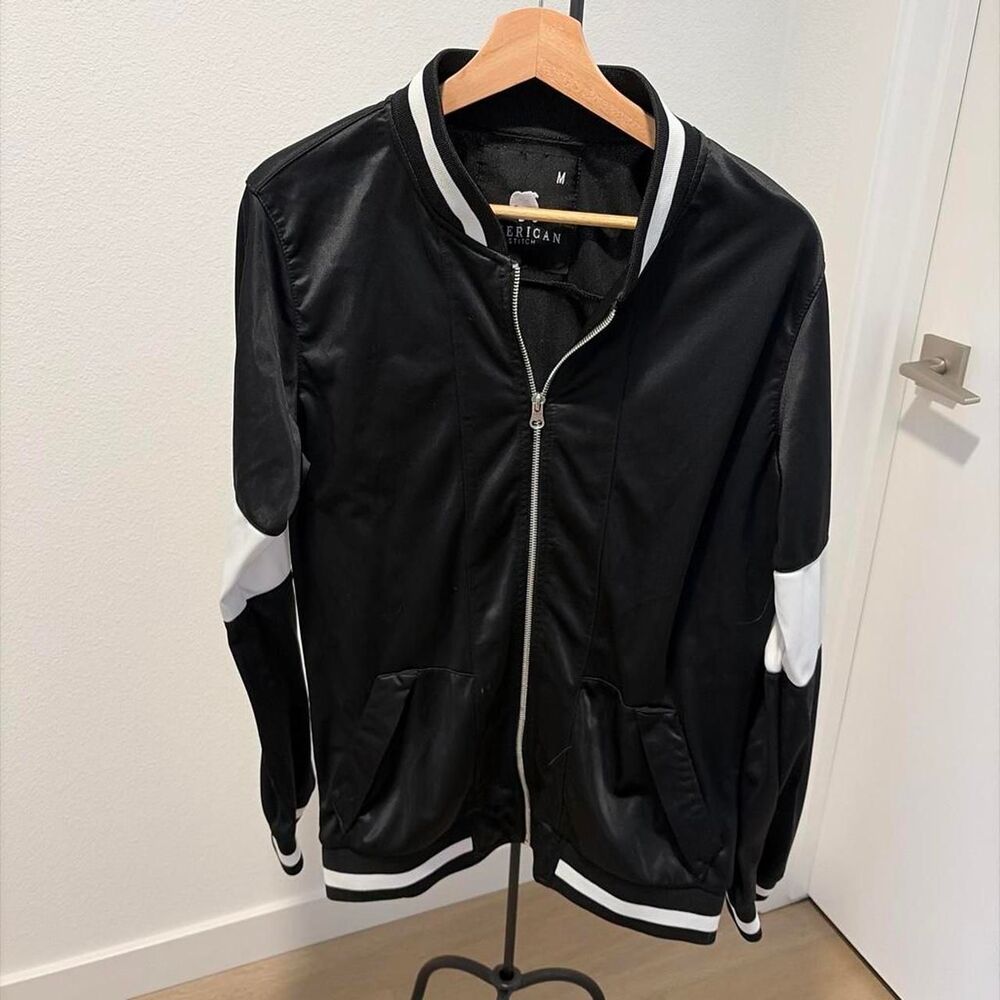 American Stitch Men's Black Full Zip Track Bomber Jacket White Stripe Size M